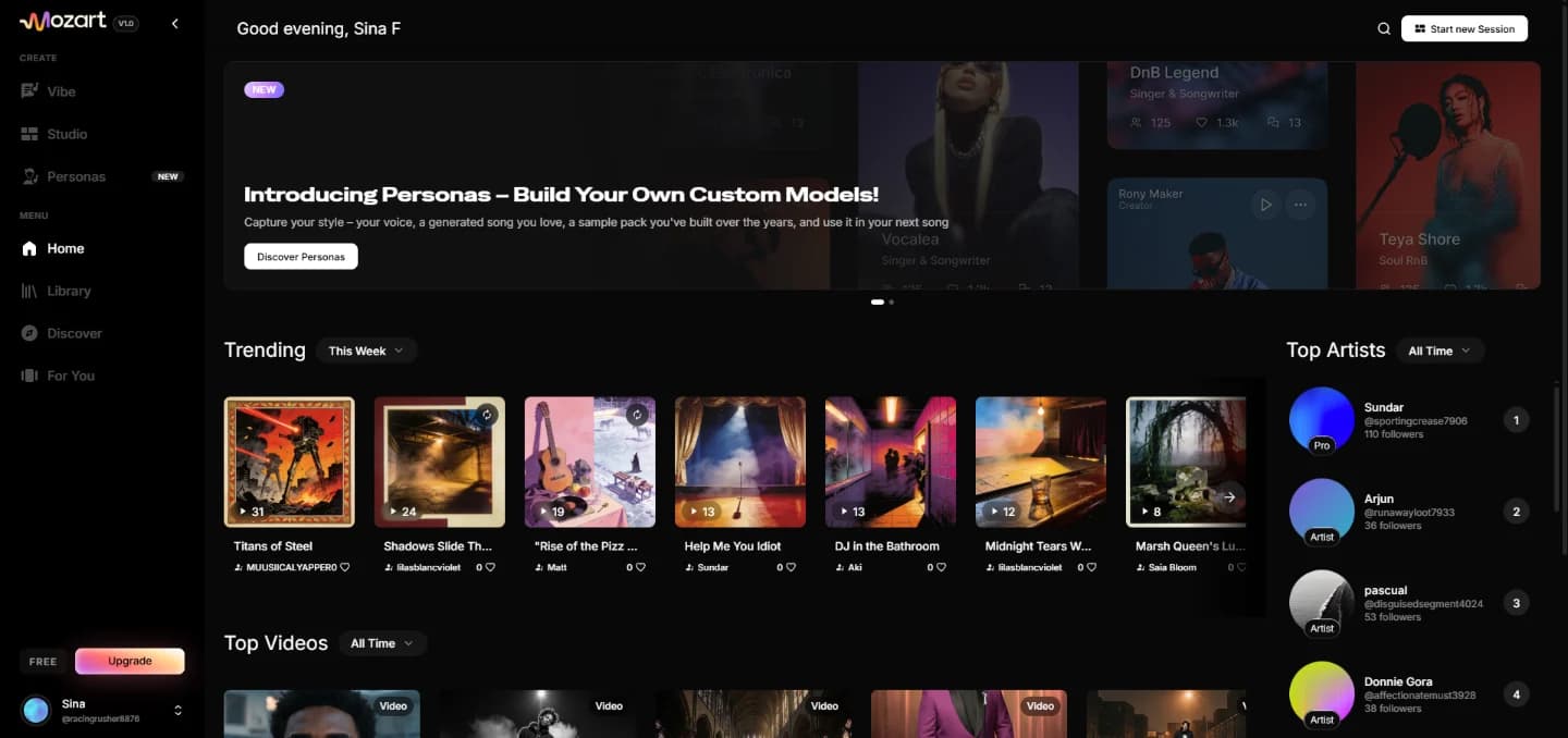 MozartAI home dashboard with trending songs and top artists