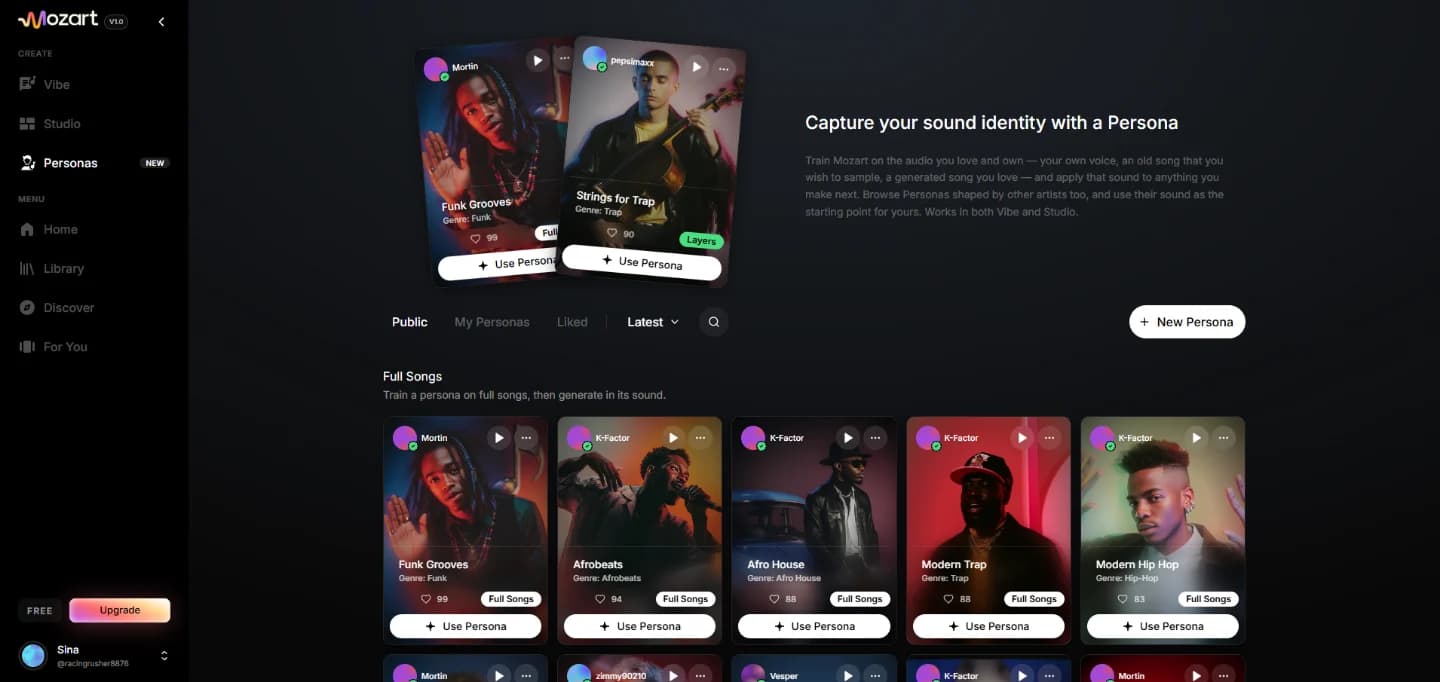MozartAI Personas view with trainable sound models