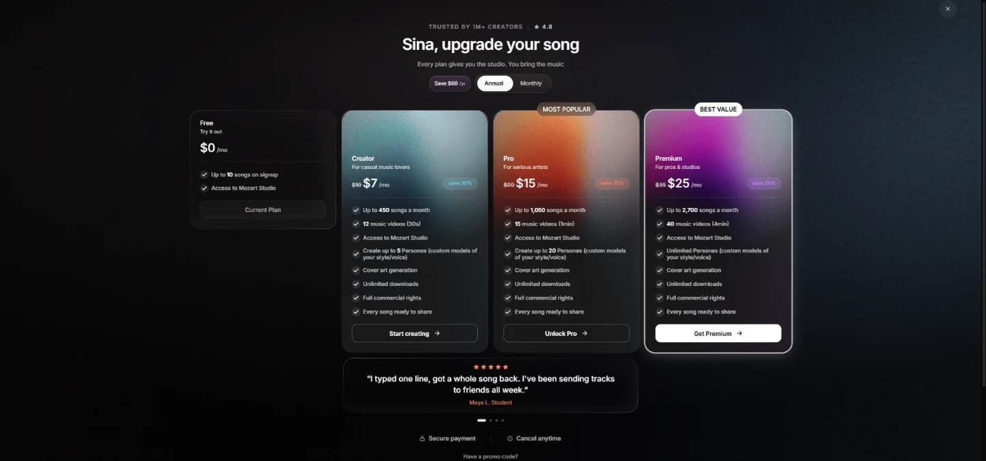 MozartAI pricing with Free, Creator, Pro and Premium plans