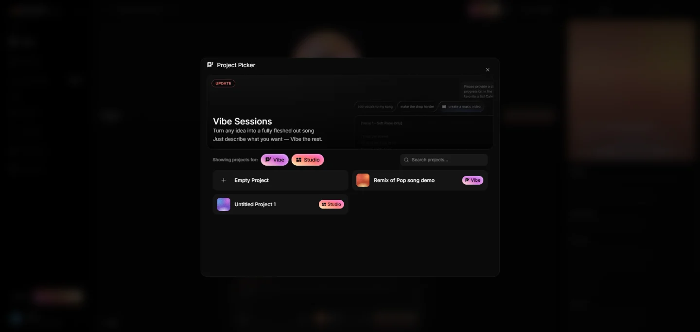 MozartAI Project Picker with Vibe and Studio projects