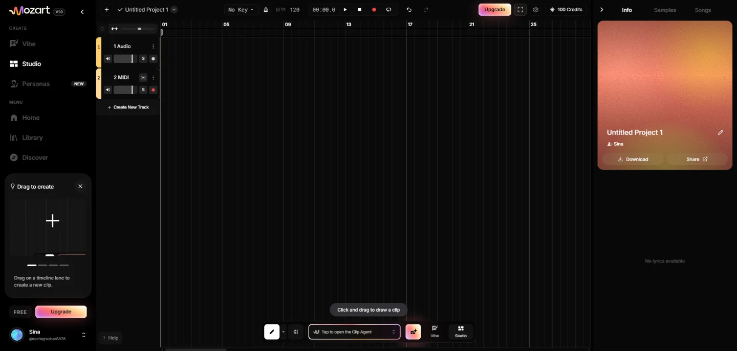 MozartAI Studio with timeline, audio and MIDI tracks
