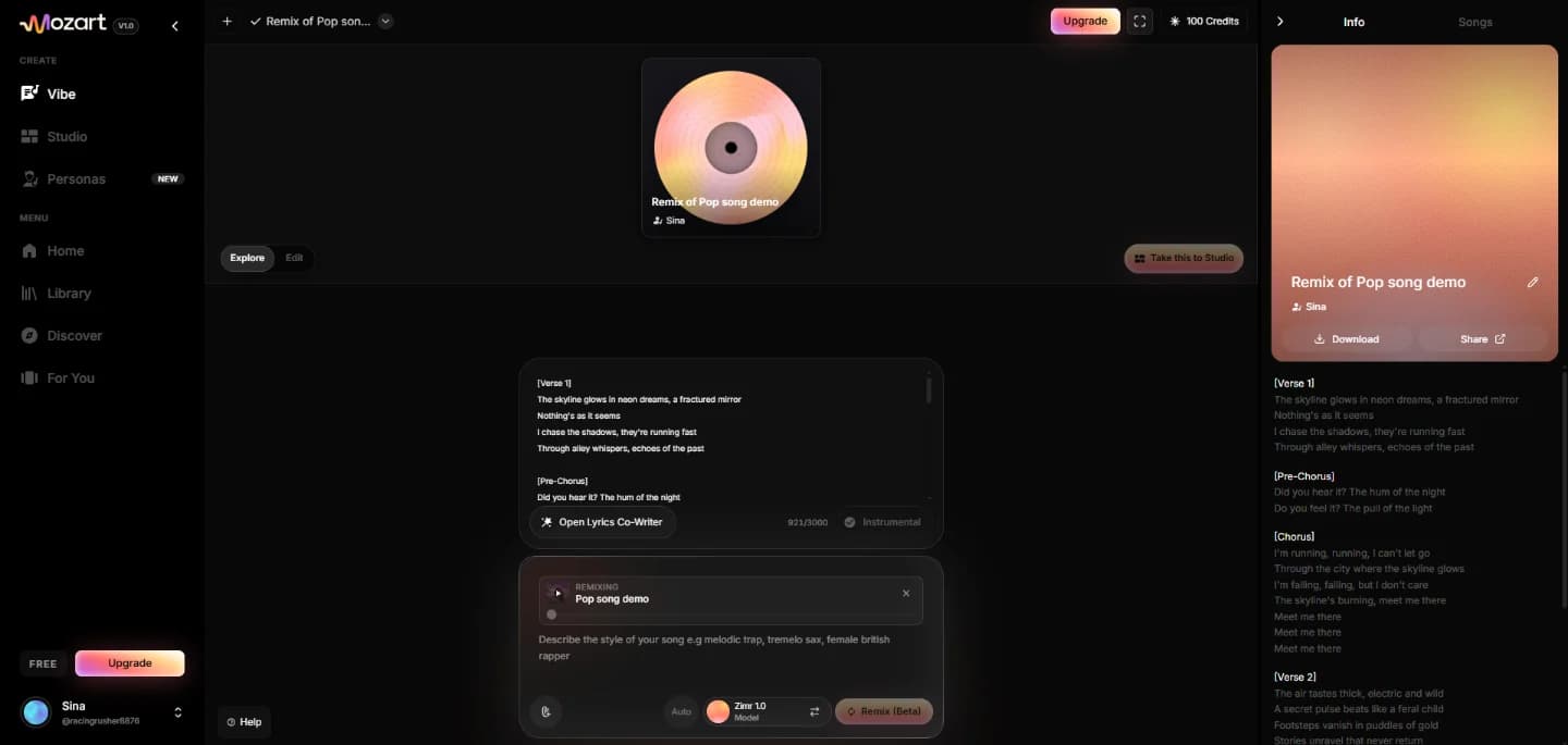 MozartAI Vibe view with lyrics, style description and model selection