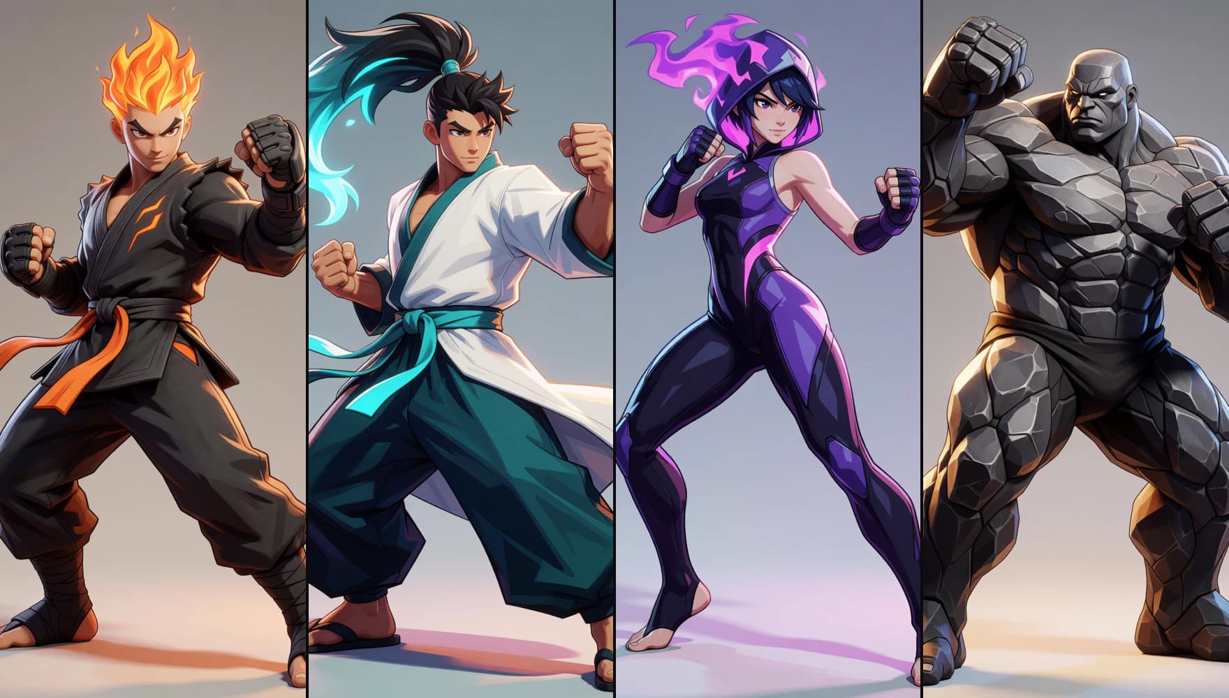 The AURACLASH fighter roster — original Smash-style characters